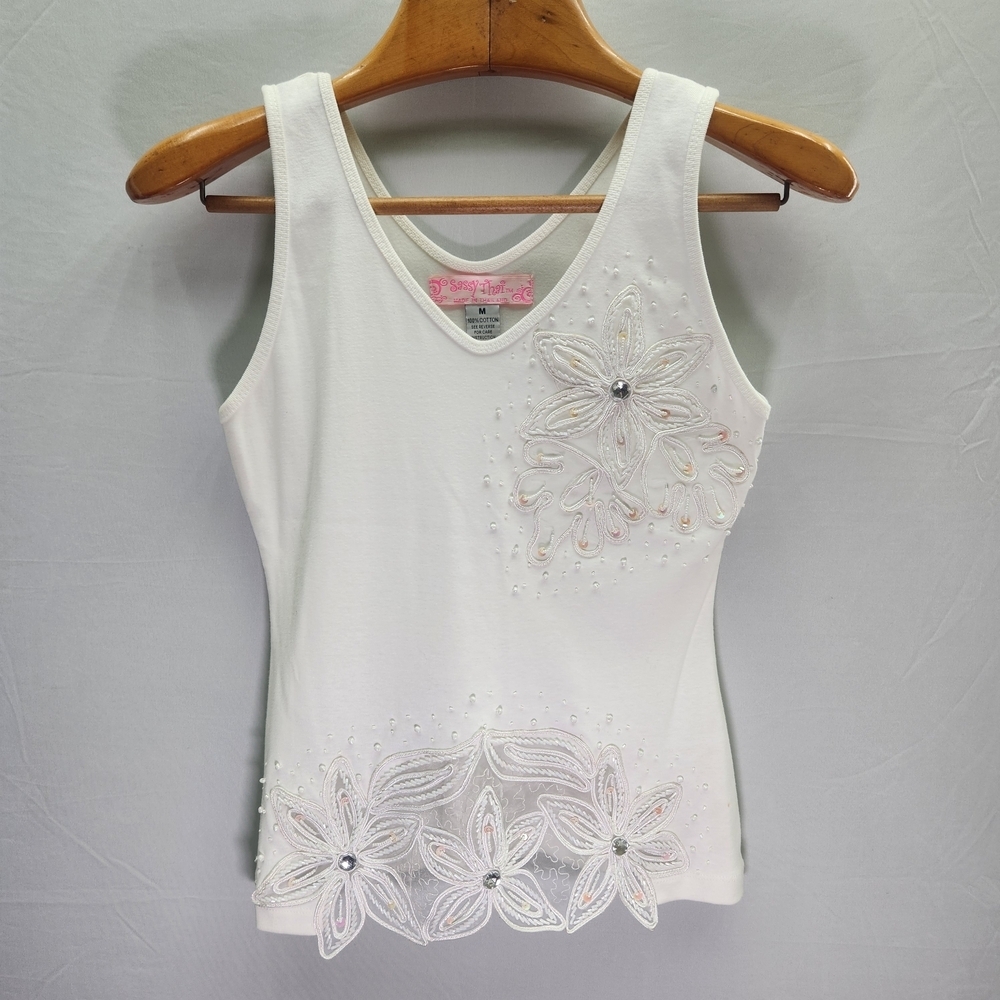 Y2K Sassy Thai 100% Cotton White Floral Embellished Tank Top.